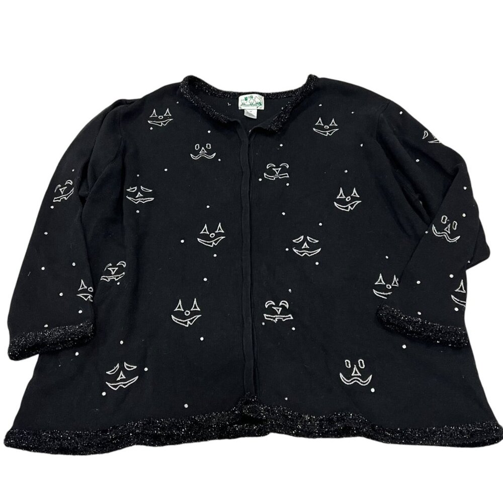 Halloween Black Cardigan Sweater With Pumpkin Faces & Glitter Trim 3X The Quacke